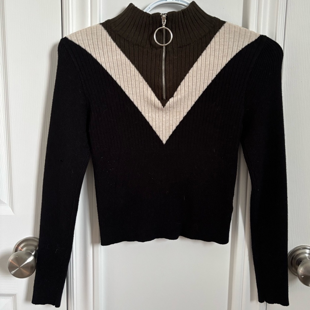 Love Tree Black and Cream Ribbed Zip Sweater